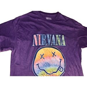 Nirvana‎ Graphic Tee Shirt Purple Destroyed Factory Distressed Holes Womens S M